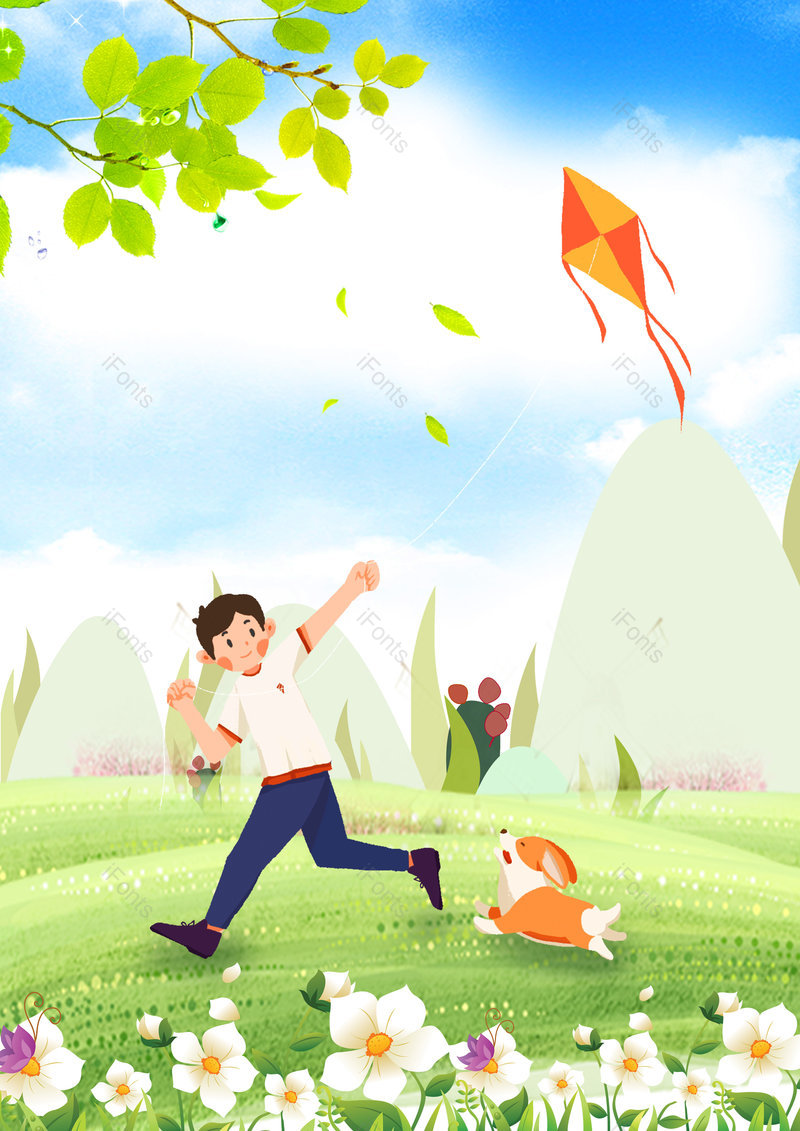 卡通手绘春分春天放风筝的人海报背景,插画/手绘图,插画/手绘图库,插画/手绘图下载,插画/手绘